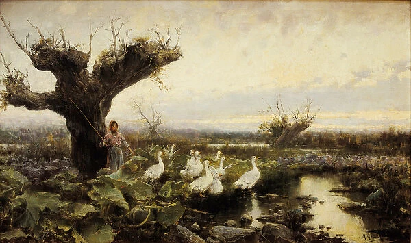 The little goose keeper, painting by Arcadi Mas Fondevila, early 20th century