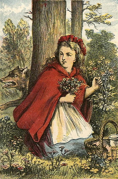 Little Red Riding Hood gathering flowers