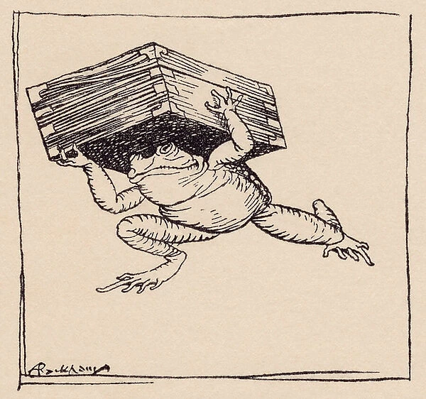 The little one went and brought the box. Illustration by Arthur Rackham from Grimm's Fairy Tale, The Iron Stove
