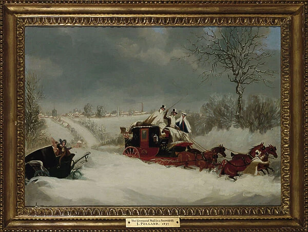 The Liverpool Mail in a Snowstorm near St. Albans, 1837 (oil on canvas)