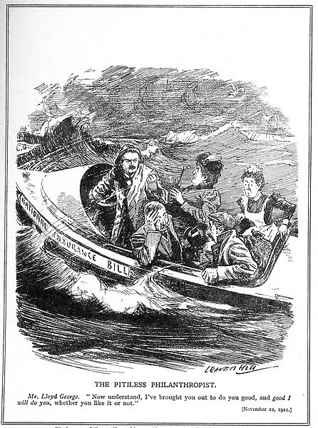 Lloyd George, depicted as a lifeboat sailor, faces opposition to his National Insurance