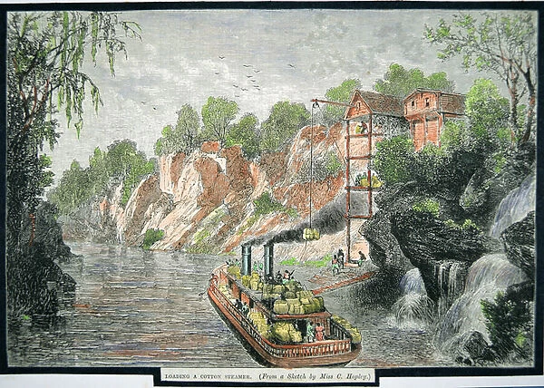 Loading the steamboat with cotton bales from a plantation, c. 1860 (coloured engraving)