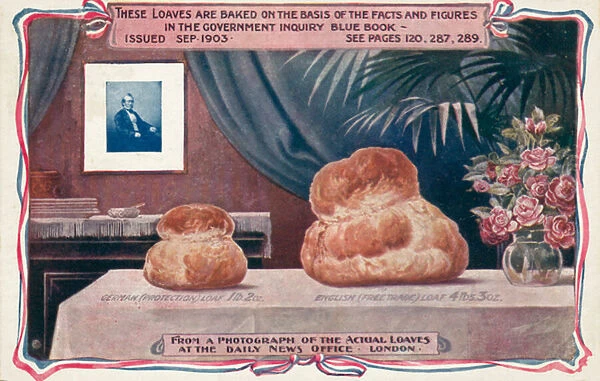 Loaves of bread, election postcard on behalf of British politican John Barker, a supporter of free trade (colour litho)