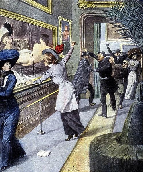London, 1914. A suffragette attacking a painting by Diego Rodriguez de Silva y Velazquez called Diego Velasquez (1599-1660) at the National Gallery