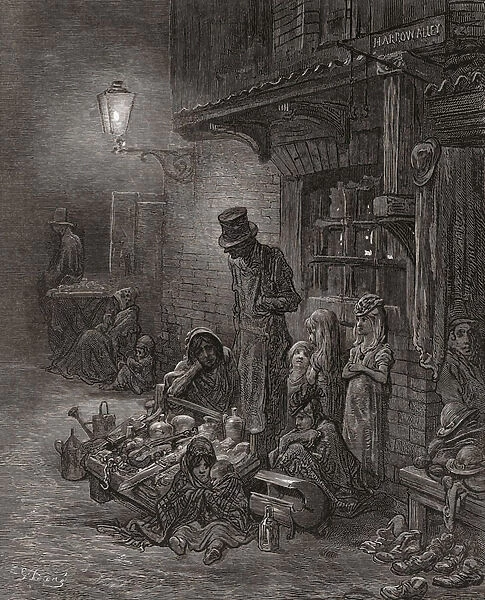 London family peddling goods on street in 19th century, by Gustave Dore