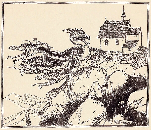 It was not long before the seven headed dragon came, loudly roaring. Illustration by Arthur Rackham from Grimm's Fairy Tale, The Two Brothers