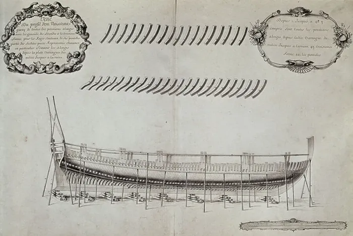 Framed Print : Longitudinal section of vessel under construction, engraving from Atlas de Colbert, France, 17th century Framed Print : Longitudinal section of vessel under construction, engraving from Atlas de Colbert, France, 17th century
