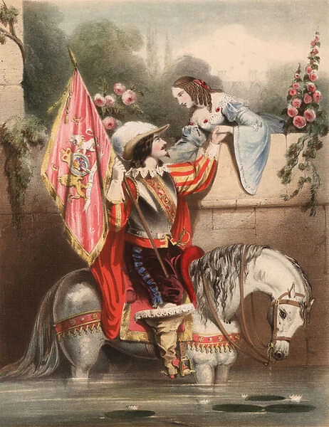 Look over the Garden Wall Kate - soldier on a white horse meeting his love (colour litho)