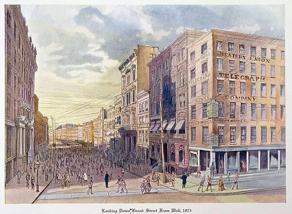 Looking down Broad Street from Wall in 1873, illustration from Old New York