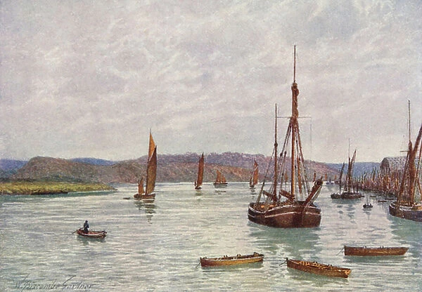 Looking down the Medway from Chatham Pier (colour litho)