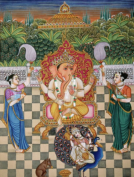 Lord Ganesh Ganpati Riddhi and Siddhi Miniature Painting on Paper