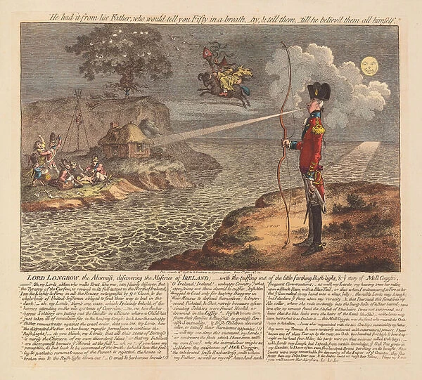 Lord Longbow, the Alarmist, discovering the Miseries of Ireland, pub. 1798 (hand coloured engraving)
