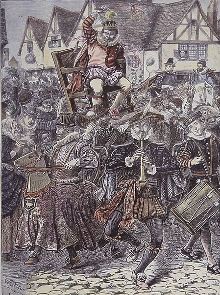 Lord of Misrule, a Tudor celebration (coloured engraving)