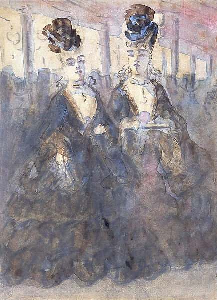 Two Lorettes at the Theatre, (black chalk, w  /  c)