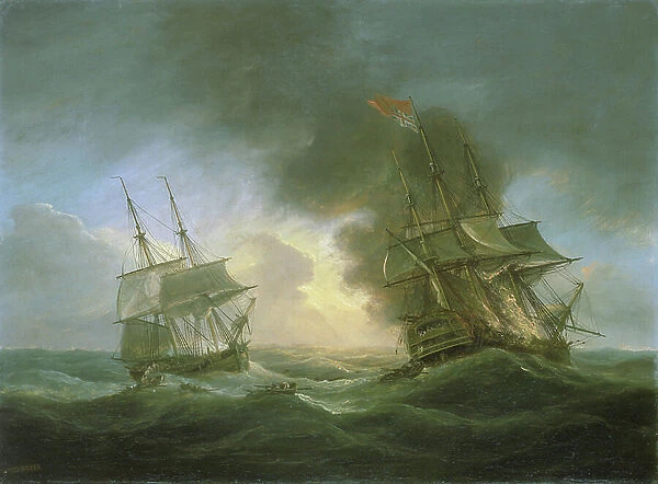 Loss of an Indiaman ship, the Kent, on March 1, 1825, the start of the fire, in the Bay of Biscay