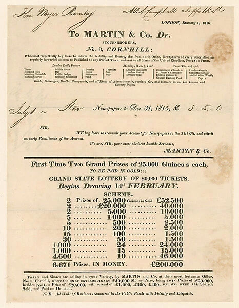Lottery information supplied by stockbroker (engraving)