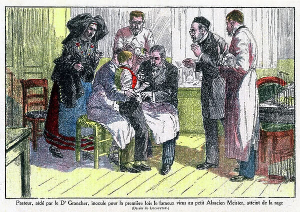 Louis Pasteur, helped by Dr. Grancher, inoculated the rabies virus for the first time, 1922 (print)