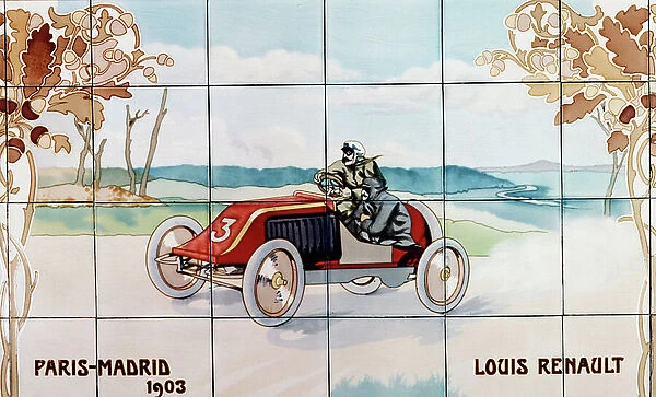 Louis Renault driving in the Paris to Madrid race of 1903; ceramic tiles manufactured by Gilardoni Fils et Cie of Paris, after a drawing by Ernest Montaut (1878-1909), 1908-10
