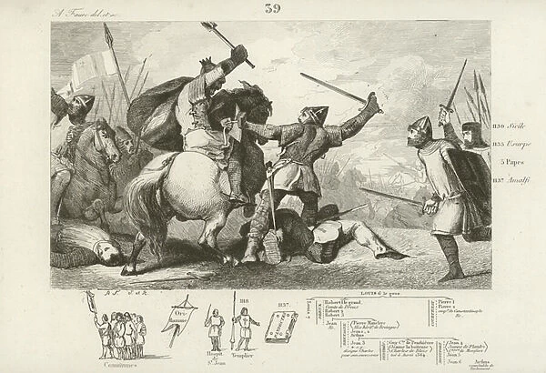 Louis VI of France fighting the English at the Battle of Brenneville, 1119. (engraving)