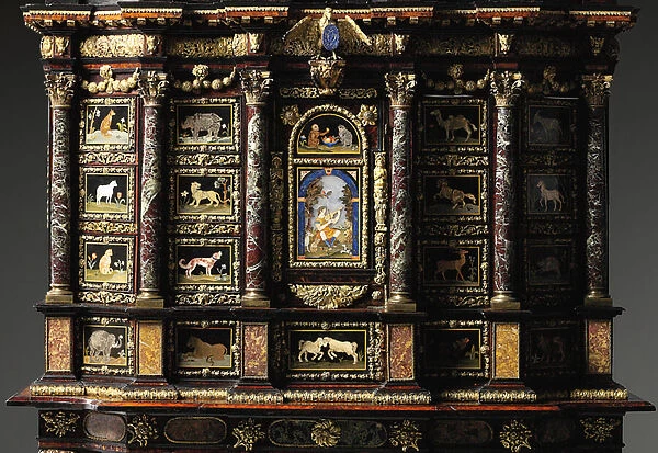 Louis XIV cabinet-on-stand (gilt-bronze, pietra dura, tortoiseshell, ash