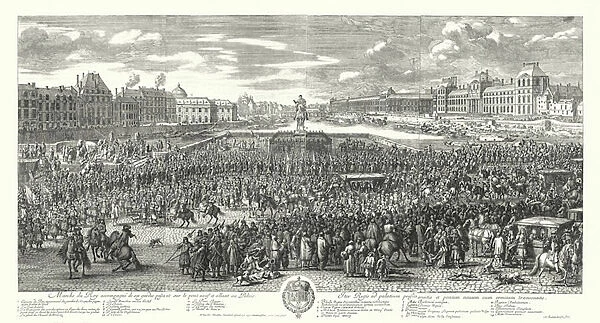 Louis XIV of France and his guard crossing the Pont-Neuf in Paris on their way to the Palais du Louvre (engraving)