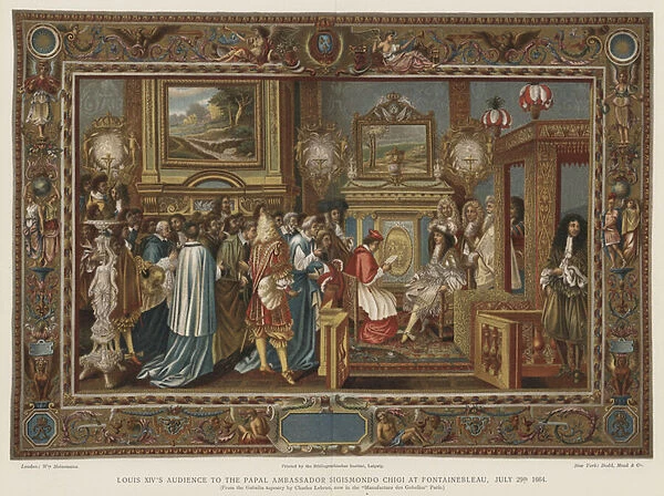 Louis XIVs audience to the papal ambassador Sigismondo Chigi at Fontainebleau, 29 July 1664 (colour litho)