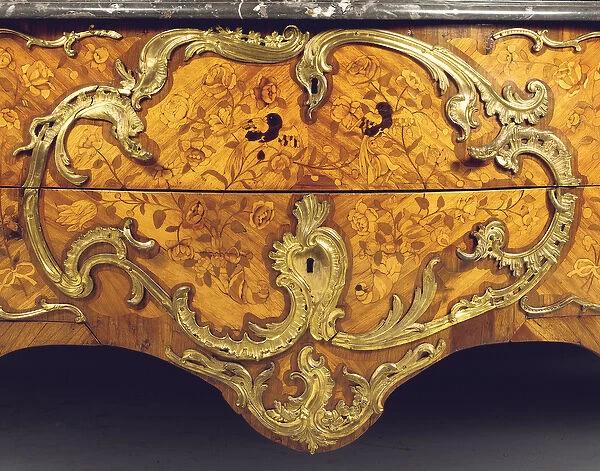 Detail of a Louis XV commode, retailed by Adrien Delorme (ormolu mounted tulipwood