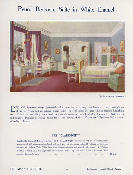 Louis XVI style period bedroom suite in white enamel (colour litho)