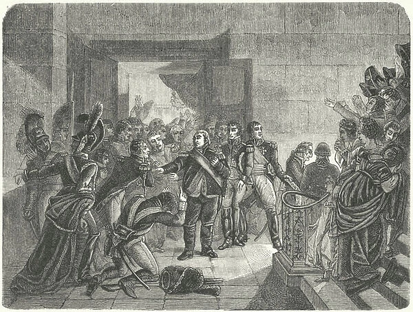 Louis XVIII leaving the Tuileries Palace after learning of Napoleons return to France from Elba, 1815 (engraving)