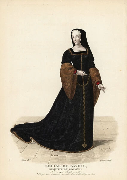 Louise of Savoy, Regent of France, mother of King Francis I, 1476-1532. She wears a French hood and wimple, velvet brocade especially with long train and fur sleeves, and chain belt. After a manuscript on vellum in the Kings Library