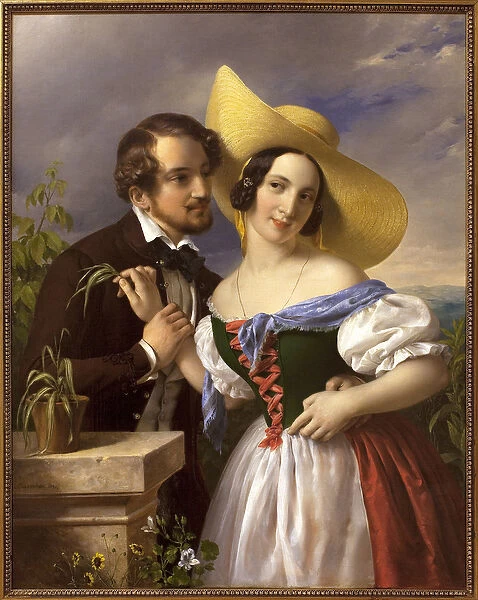 The love joke Scene of seduction and flirting. Painting by Miklos Barabas (1810-1898)