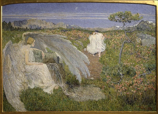 Love Source of Life: An angel watching a couple walk in a dreamlike landscape, 1896