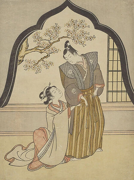 Lovers Dressing Beside a Window, 1765 (colour woodblock print; chuban, surimono)