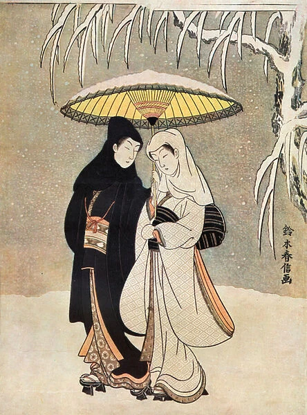 Two Lovers in Snow beneath Umbrella by Suzuki Harunobu