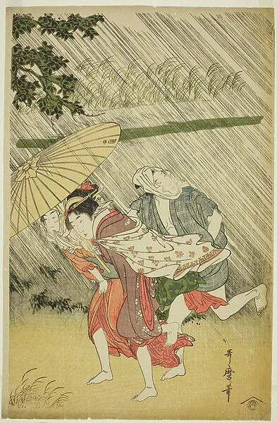 Lovers under an Umbrella, c. 1797 (colour woodblock print; oban)