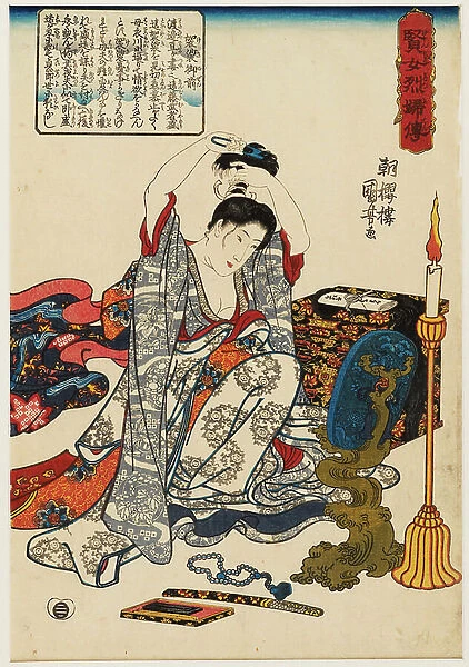 The loyal wife Kesa Gozen cutting her hair, 1842 (woodblock print, with bokashi)