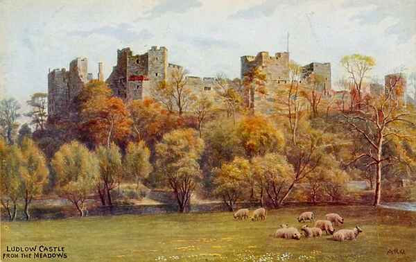 Ludlow Castle from the Meadows (colour litho)