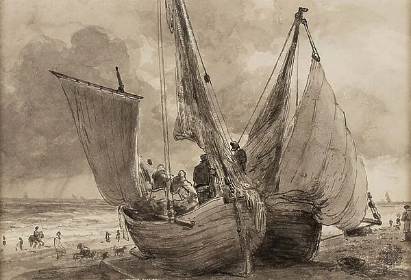 Lugger and Hog boat, Brighton, 1824 (charcoal on paper)