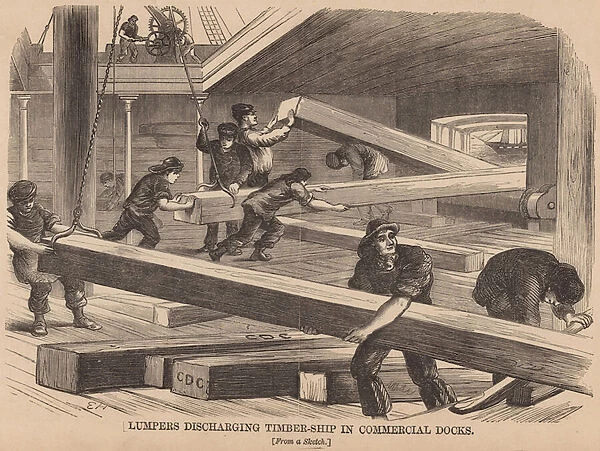 Lumpers discharging timber-ship in Commercial Docks (engraving)