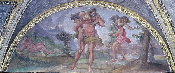 Lunette depicting Aeneas Fleeing from Burning Troy Carrying his Father Anchises Followed by Ascanius Carrying his Mother, from the Camerino, 1596 (fresco)