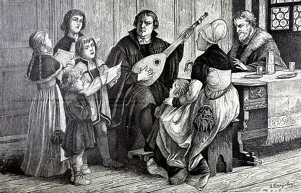 LUTHER, Martin (1483-1546). German religious reformer. Luther played the lute at the home of Ursula Cotta. Illustration of The Religious Revolution by Emilio Castelar, 1880-1883 (engraving)