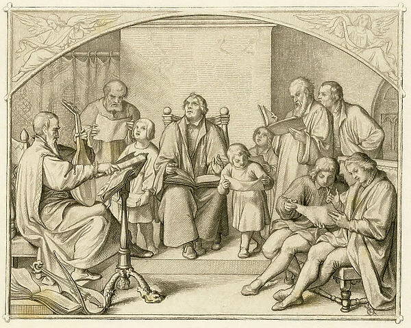 Luthers introduction of German protestant religious hyms together with his children and friends unter the conduction of Johannes Walther (1496-1570), 1850s (engraving)