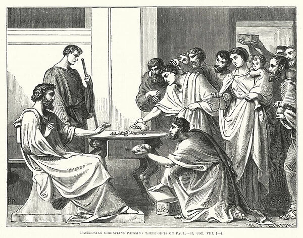 Macedonian Christians pressing their Gifts on Paul, II Corinthians VIII, 1-4 (engraving)