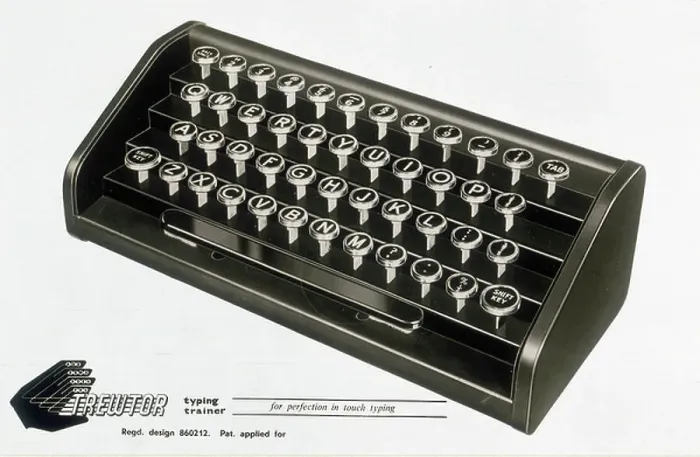 Framed Print : Machine for learning to type, (c1950?). From Trewtor Touch Typing System. For use in conjunction with the Trewtor Typing Trainer by May Trew. (Croydon, 1950)
