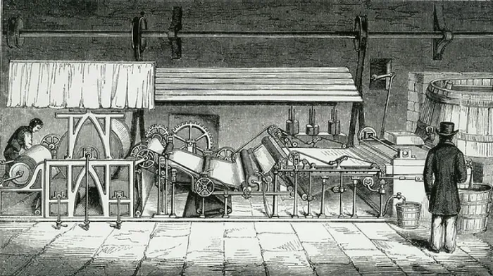 Framed Print : Machine for making continuous roll of paper. Engraving c1845