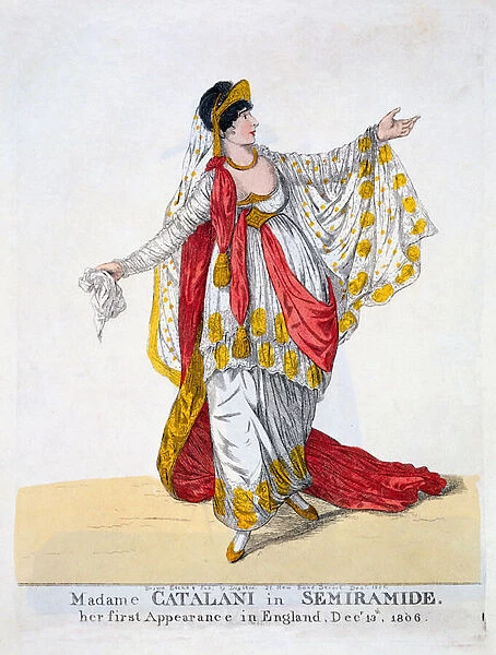 Madame Catalani in the title role of Semiramide, 1806 (colour litho)