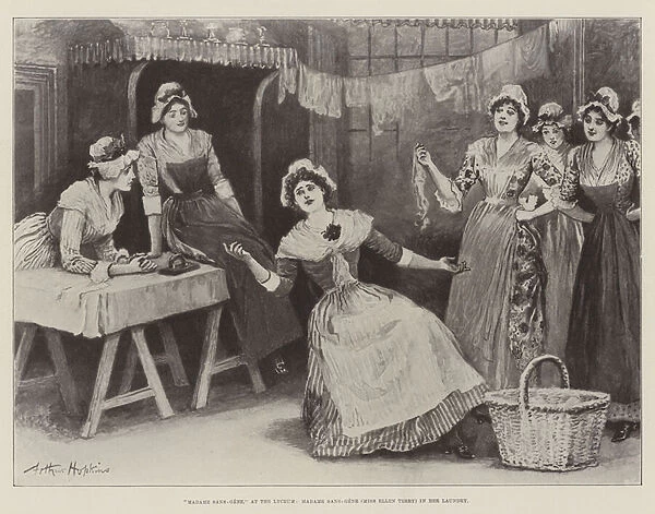 'Madame Sans-Gene, 'at the Lyceum, Madame Sans-Gene (Miss Ellen Terry) in her Laundry (litho)