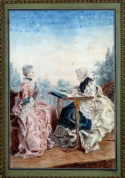 Mademoiselle Melin and Mademoiselle de Laleu doing watercolour tapestry by Louis carrogis