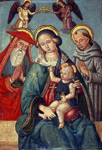 Madonna and Child being crowned by two Angels, with St. Jerome and St. Francis, c. 1500 (tempera on poplar wood)