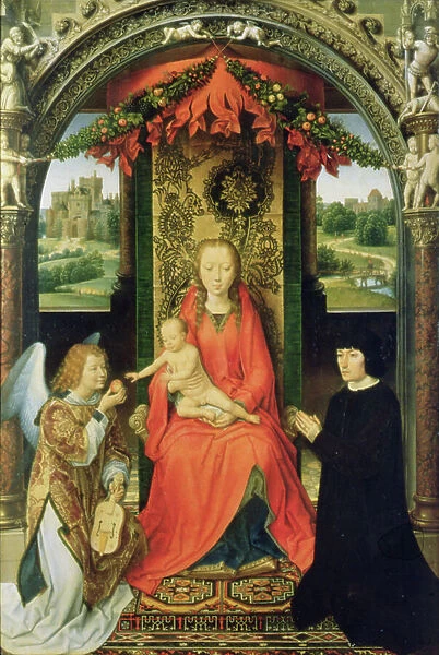 Madonna and Child with Donors and an Angel, central panel of a triptych, 1485-90 (panel)